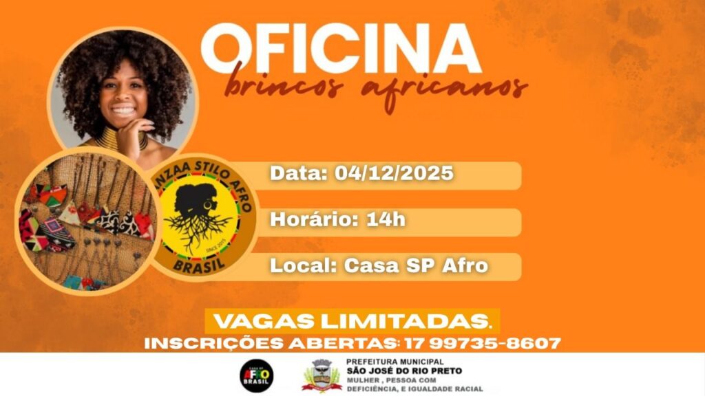 Rio Preto terá oficina gratuita de brincos africanos nesta quarta